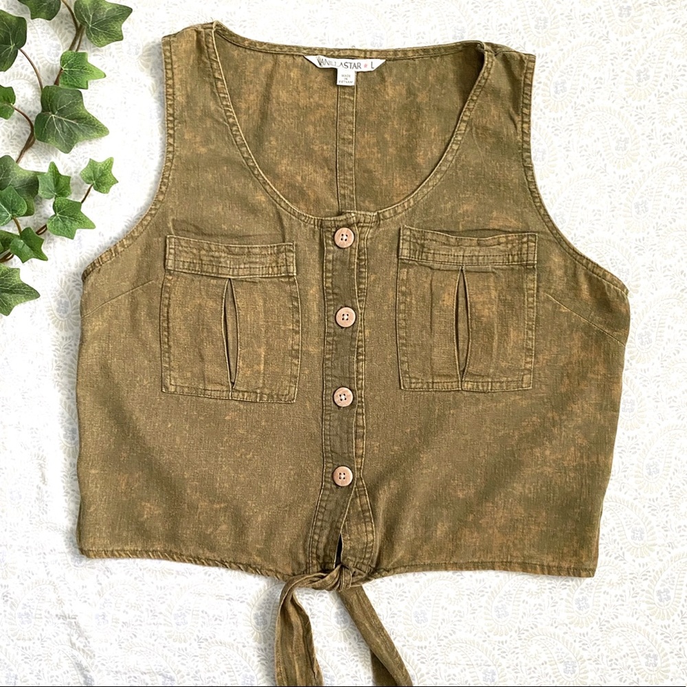 Vanilla Star (juniors) cropped rustic linen-viscose tank w/ front tie, acid wash